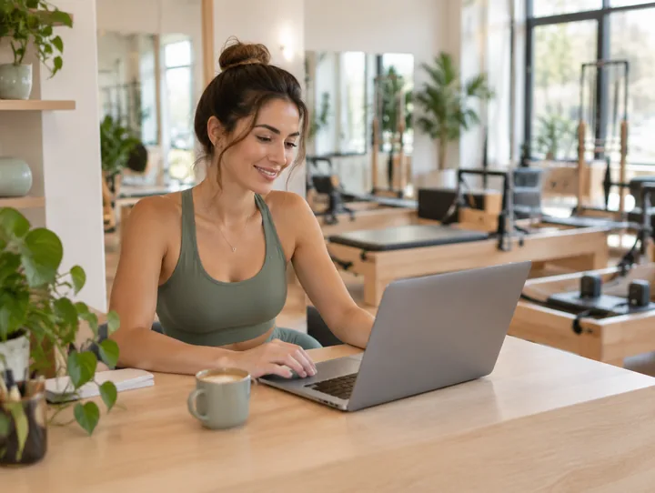 Pilates stüdyosu resepsiyonunda laptoptan Fitjourney kuran stüdyo sahibi