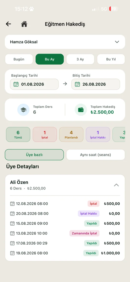 Eğitmen hakediş ekranı