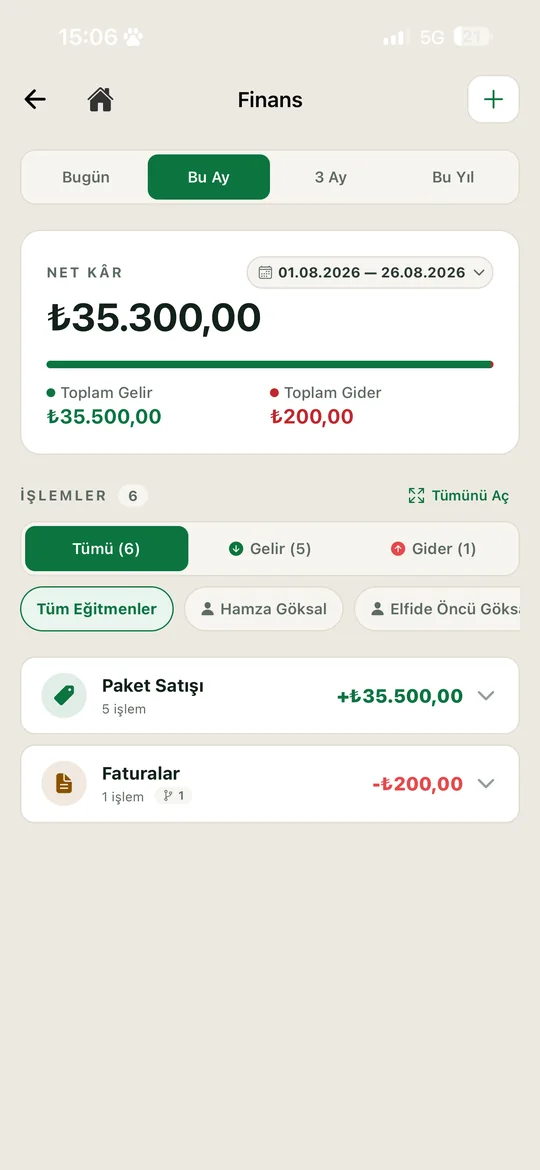Yönetim uygulamasında finans ekranı
