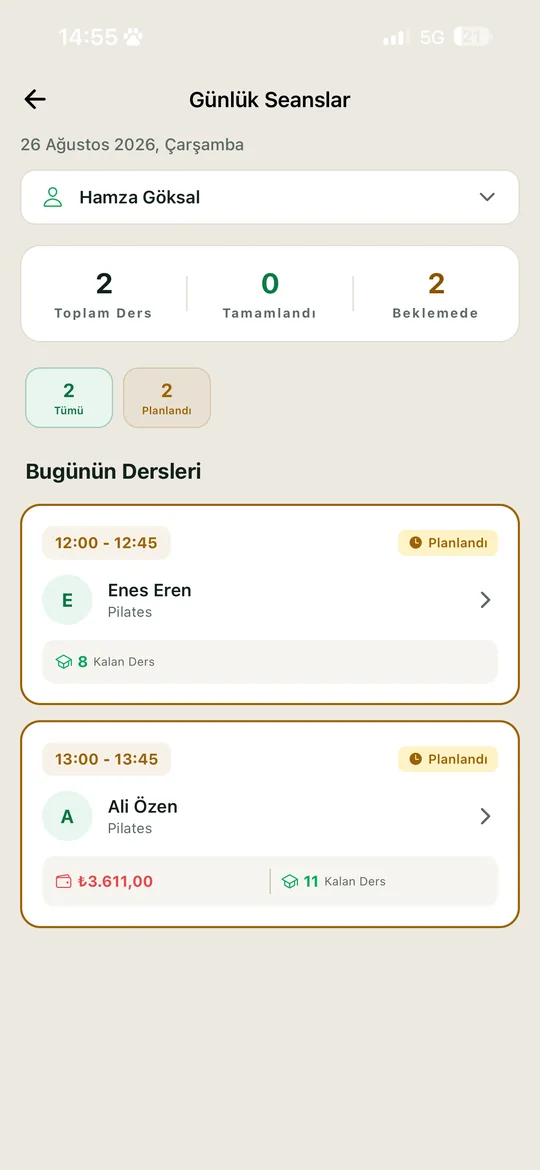 Günlük seanslar ekranı
