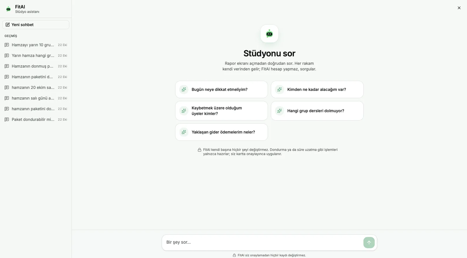 FitAI stüdyo asistanı ekranı